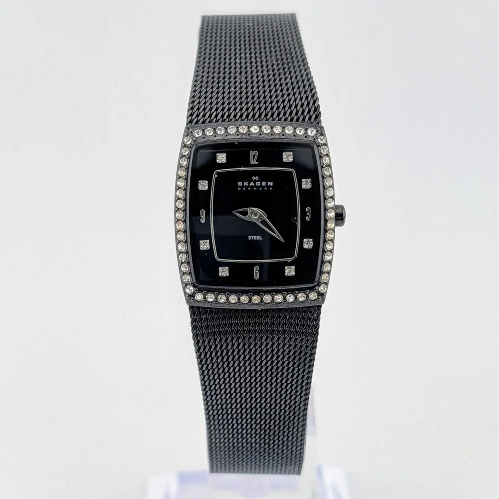 Skagen Denmark Steel Black Crystal Accent Mesh Watch 384XSBB1 Adjustable